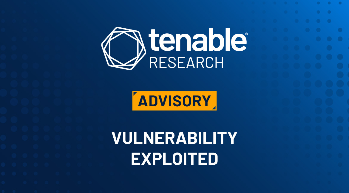 A blue gradient in the background. The Tenable Research logo is displayed at the top center of the image. Underneath it is an orange/yellow rectangular box with the word "ADVISORY" in it. Underneath that are the words "Vulnerability Exploited" in white text. This blog is about a recently disclosed vulnerability in Fortinet FortiOS, identified as CVE-2024-21762.