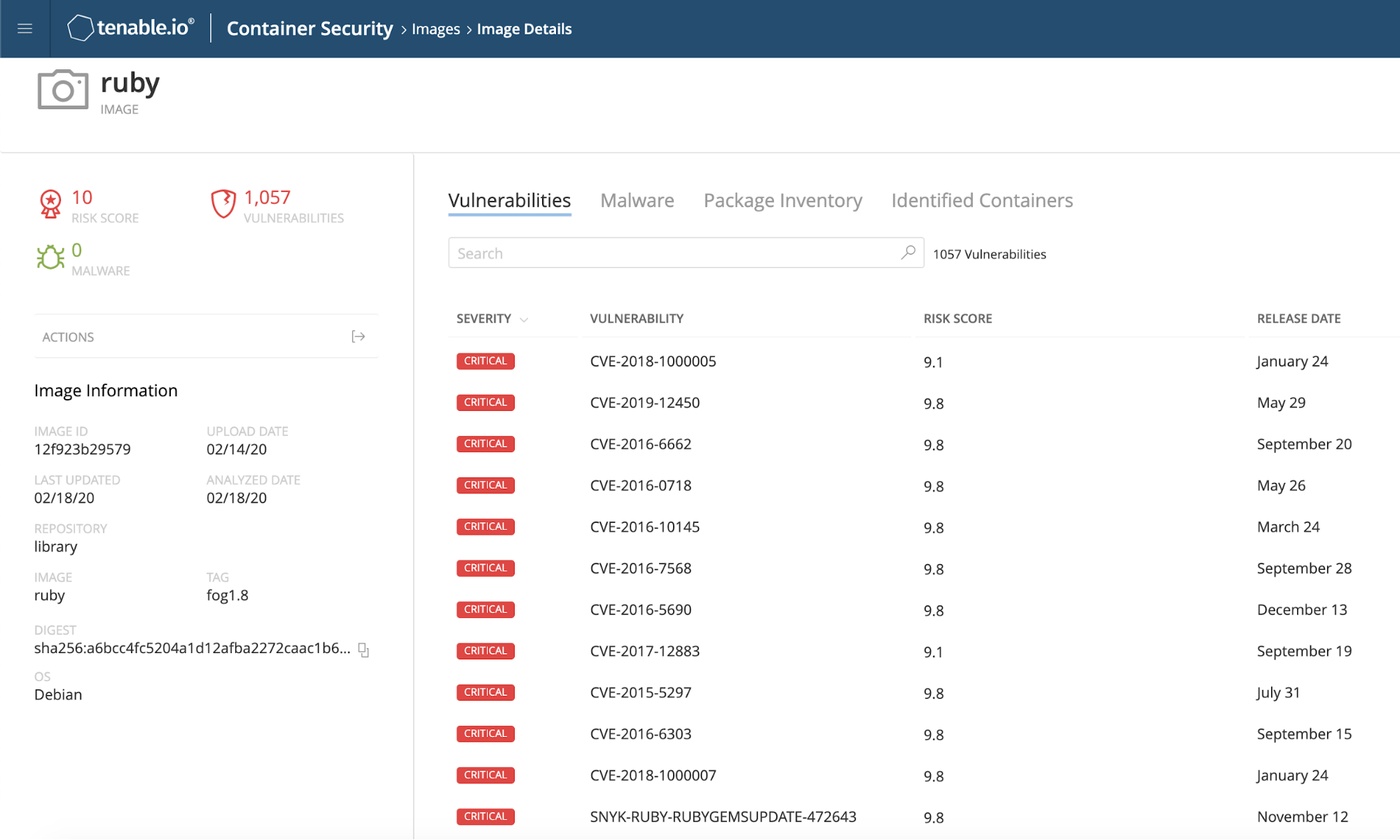 Image Details screenshot from Tenable.io Container Security